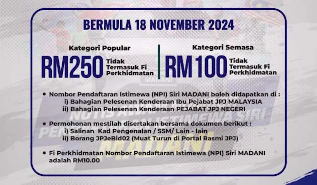 Remainder of MADANI number plates available from Nov 18 – from RM110 at JPJ Putrajaya, state HQs