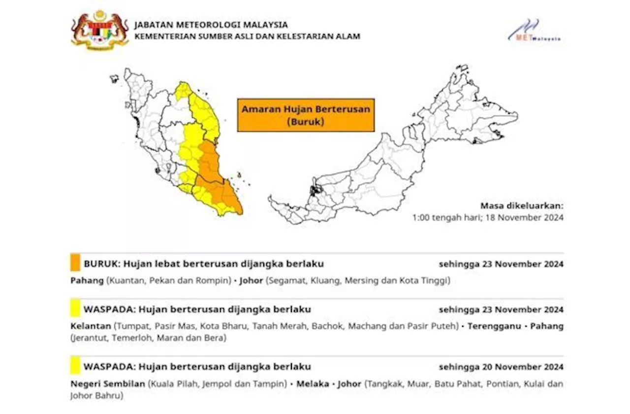 MetMalaysia: Continuous rain alert upgraded to severe in Johor, Pahang till Nov 23