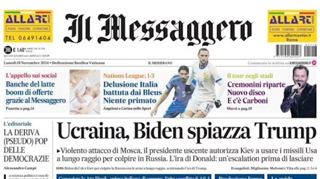 Il Messaggero in prima pagina: 'Delusione Italia, battuta dai Bleus: niente primato'