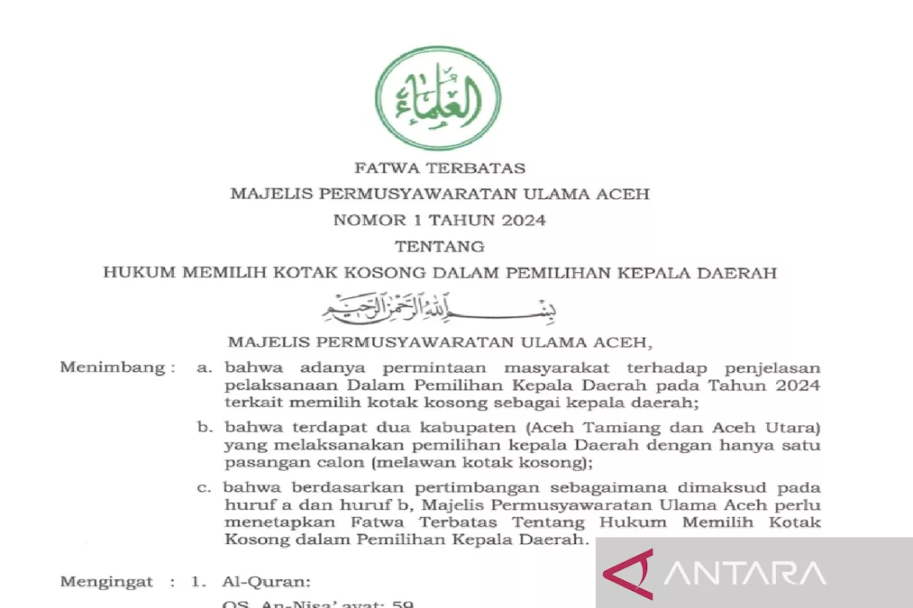 MPU Aceh keluarkan fatwa boleh memilih kotak kosong di Pilkada