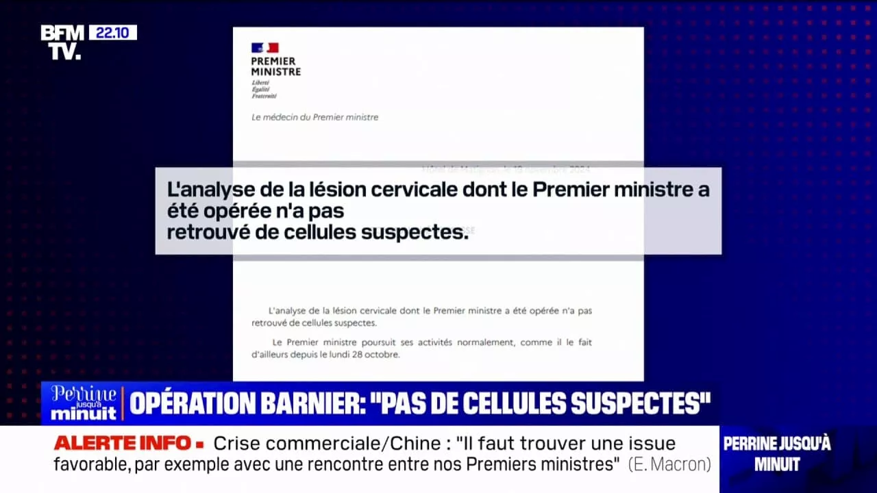 Opération des cervicales de Michel Barnier: pas de 'cellules suspectes' retrouvées, communique Matignon