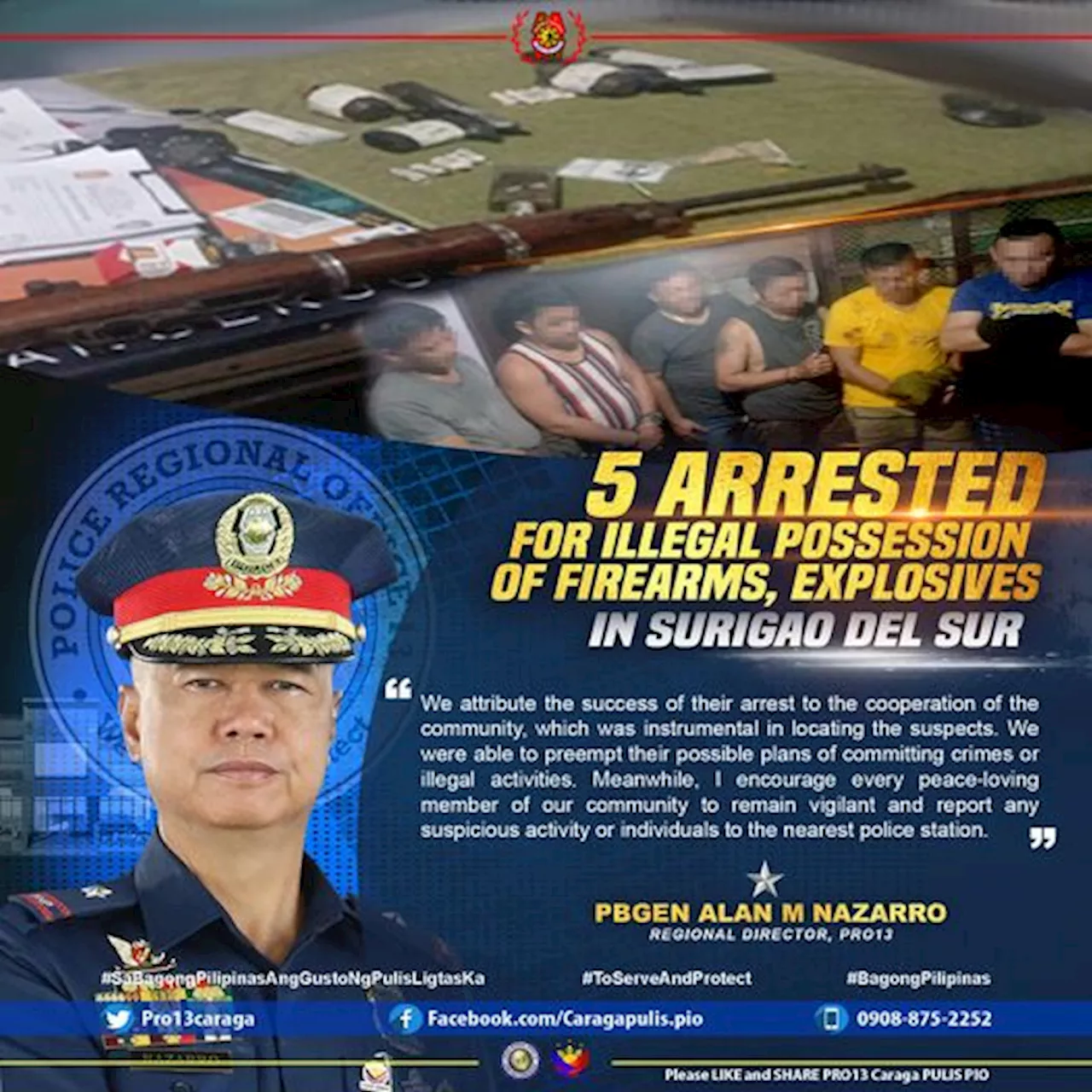 5 men arrested for illegal possession of firearms in Surigao del Sur