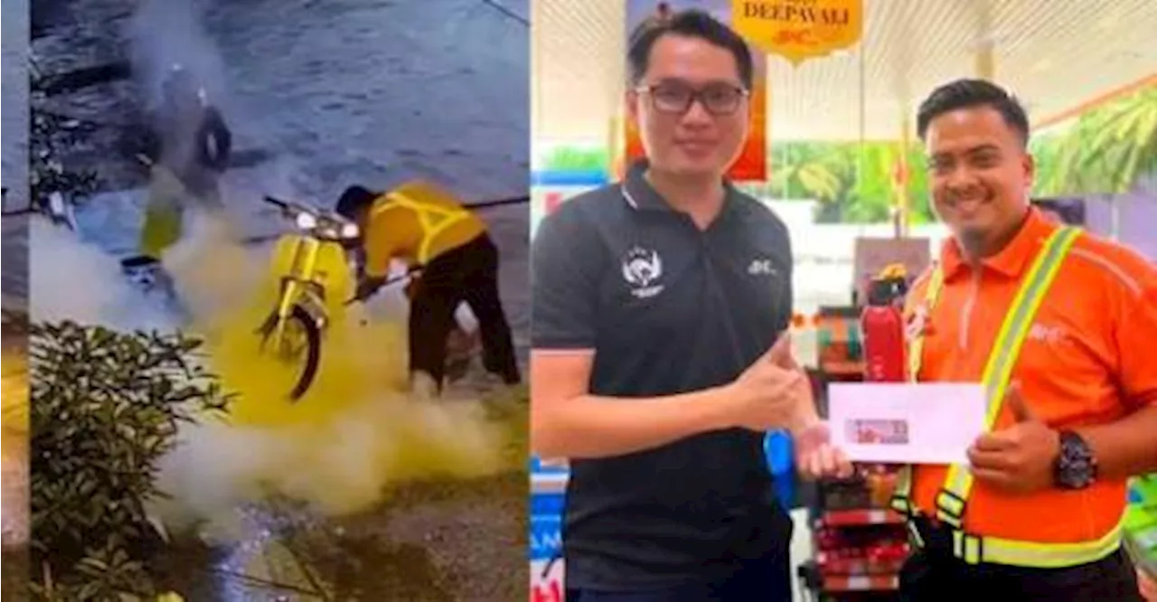 Heroic petrol station worker saves motorcycle from fiery disaster