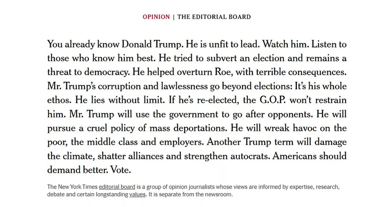 ‘Vote para acabar com a era Trump’: ‘The New York Times’ publica novo editorial contra republicano