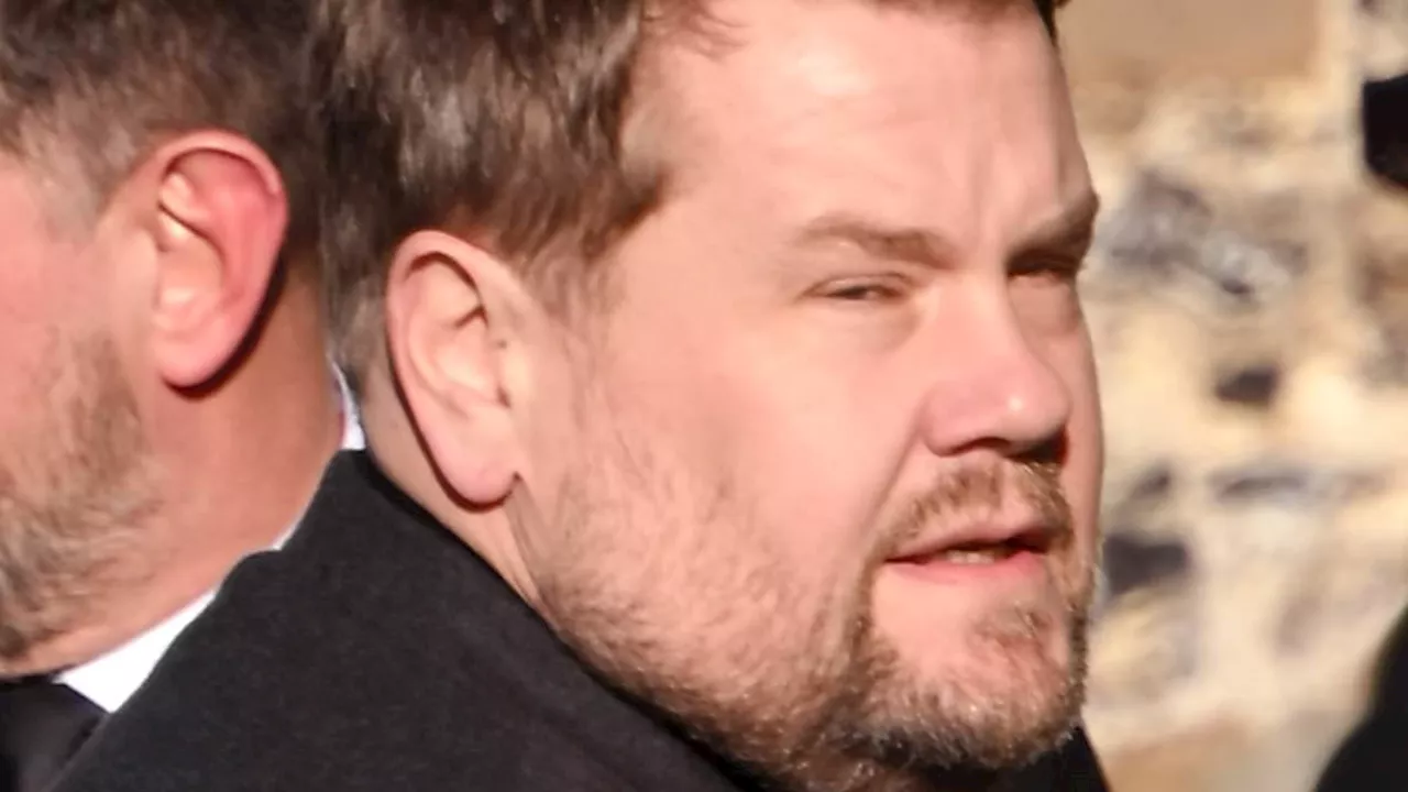 James Corden looks sombre as he arrives for Liam Payne's funeral after the One Direction star's...