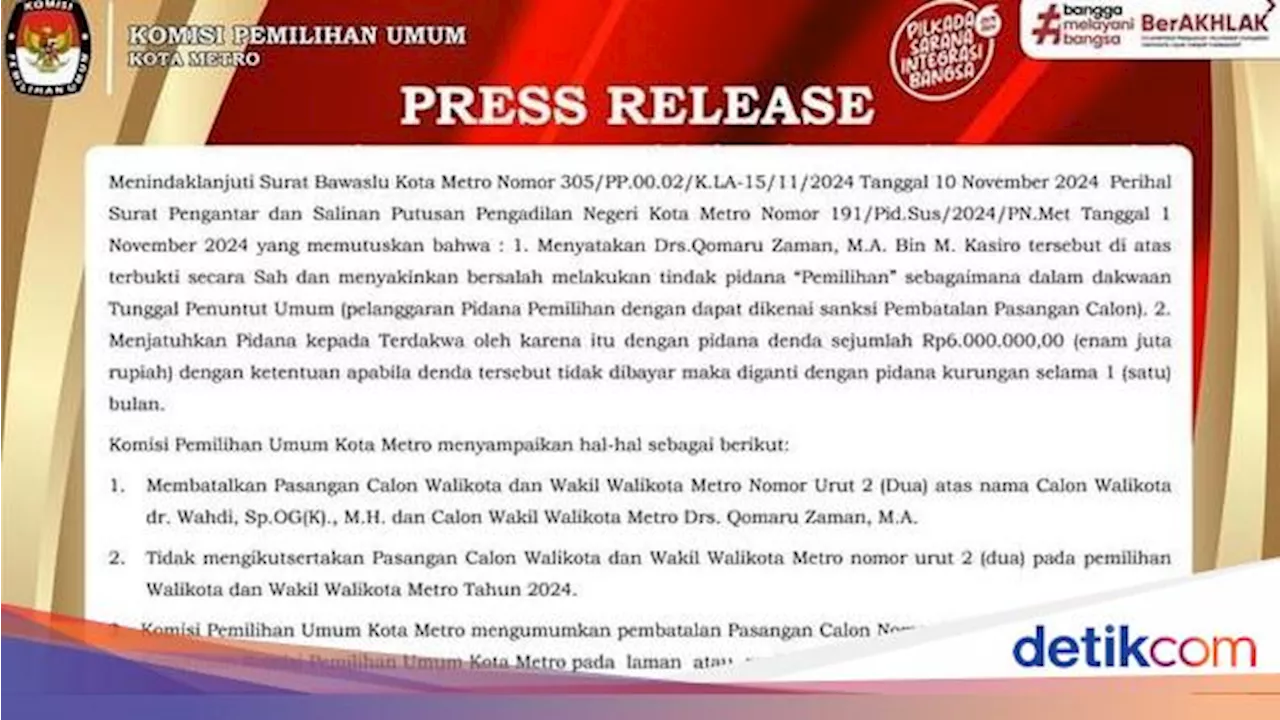 KPU Metro Hapus Postingan Diskualifikasi Wahdi-Qomaru