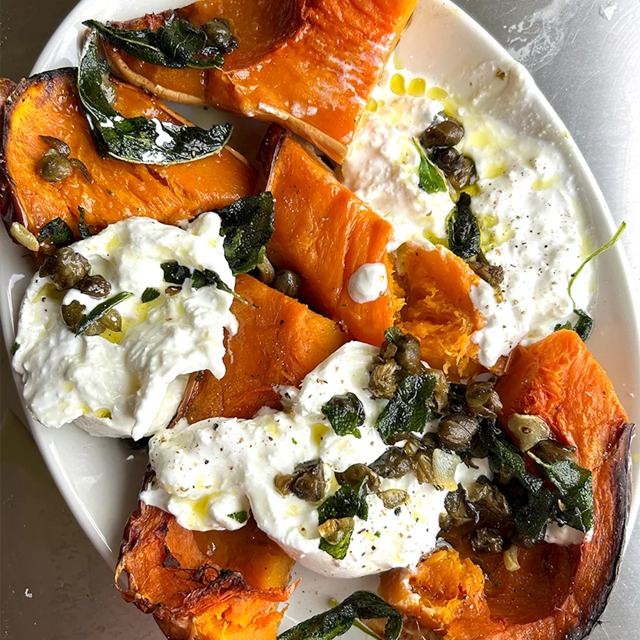 Roast Butternut Squash with Burrata, Crispy Capers, Garlic And Sage