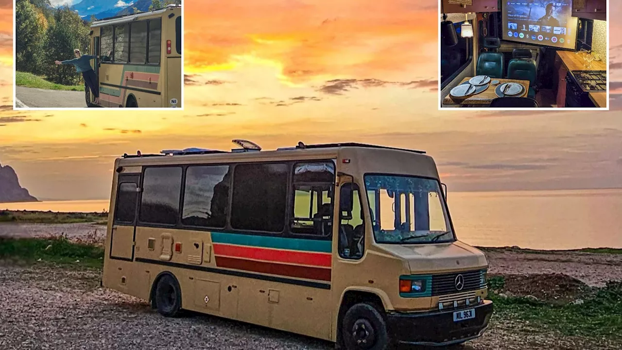 We transformed an old school bus into a luxury home on wheels – it’s voice activated and even has its own C...