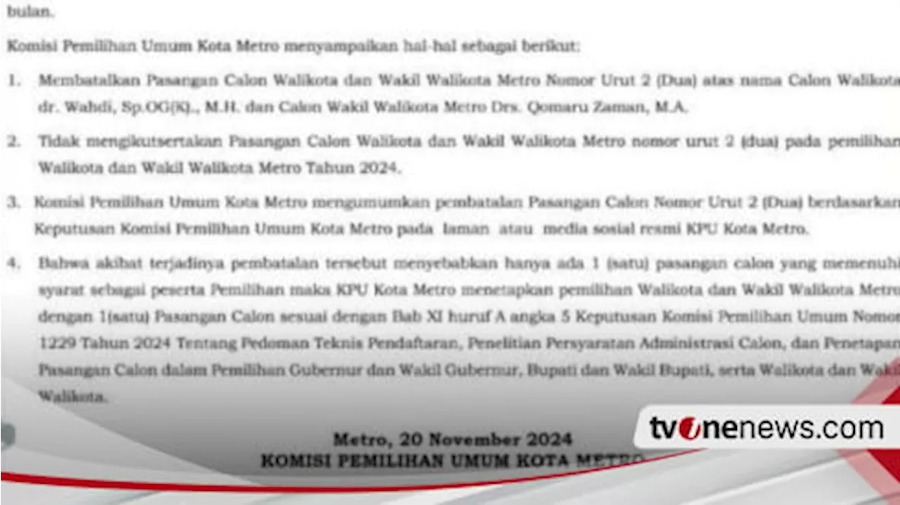 KPU Kota Metro Lampung Batalkan Pencalonan Paslon Nomor 2 Wahdi-Qomaru Sebab Terbukti Langgar Tindak Pidana Pemilihan