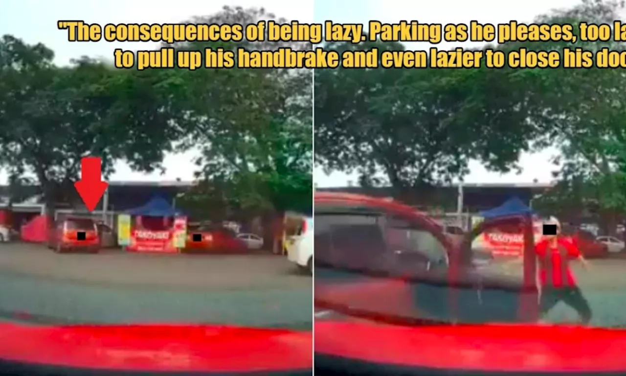 WATCH: M'sian Parks by Roadside to Buy Food & Doesn't Pull Handbrake, Car Rolls Away & Hits Another Car