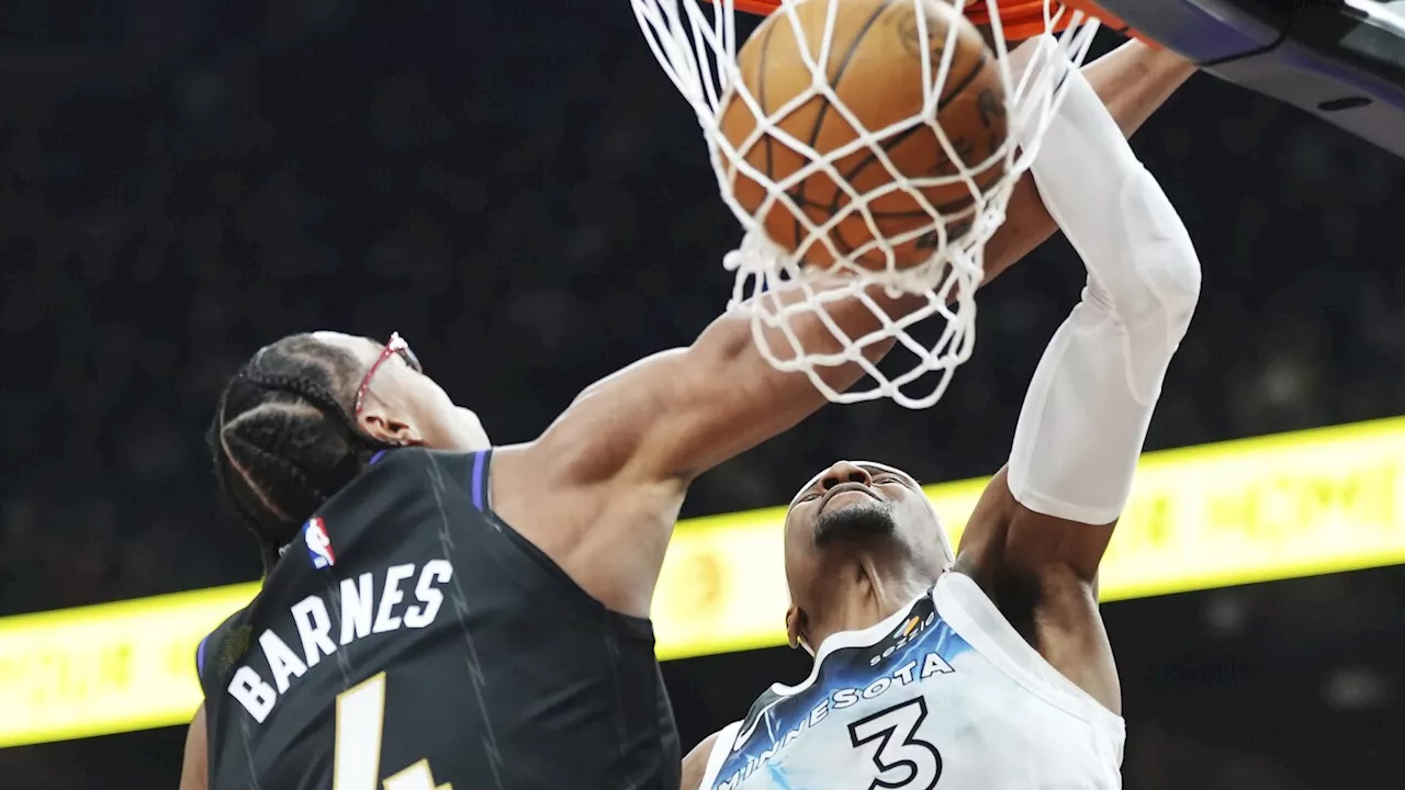 Barrett scores 31, Barnes adds 17 in return from injury, and Raptors beat Timberwolves 110-105