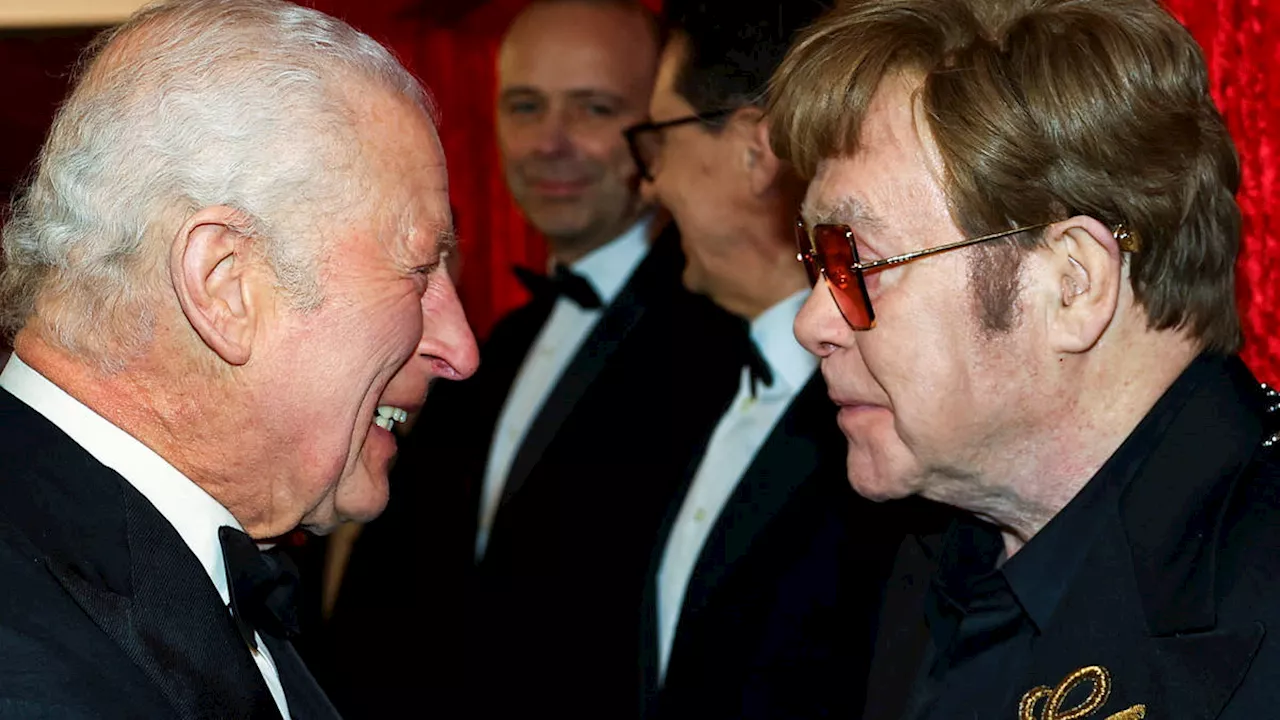 King Charles all smiles as he meets Sir Elton John on solo Royal Variety appearance