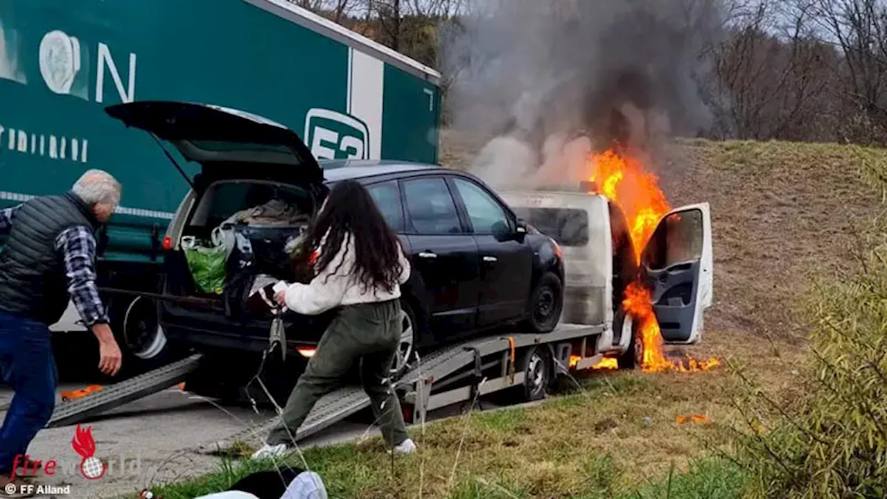 Nö: Kleintransporter mit aufgeladenem Pkw brennt auf OMV-Tankstellen-Parkplatz in Alland direkt neben Sattelschlepper → Flammenübergriff