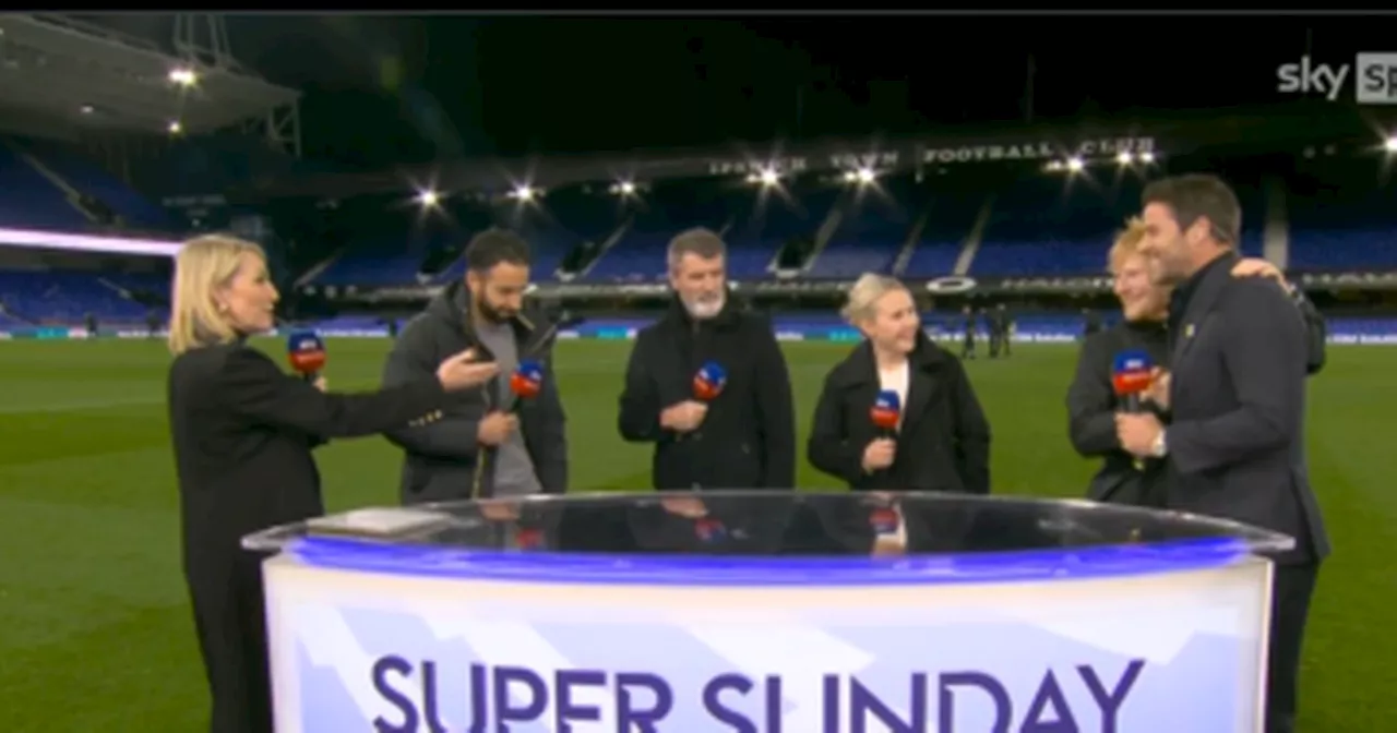 Roy Keane looks a serious figure as Ed Sheeran gatecrashes Sky Sports set