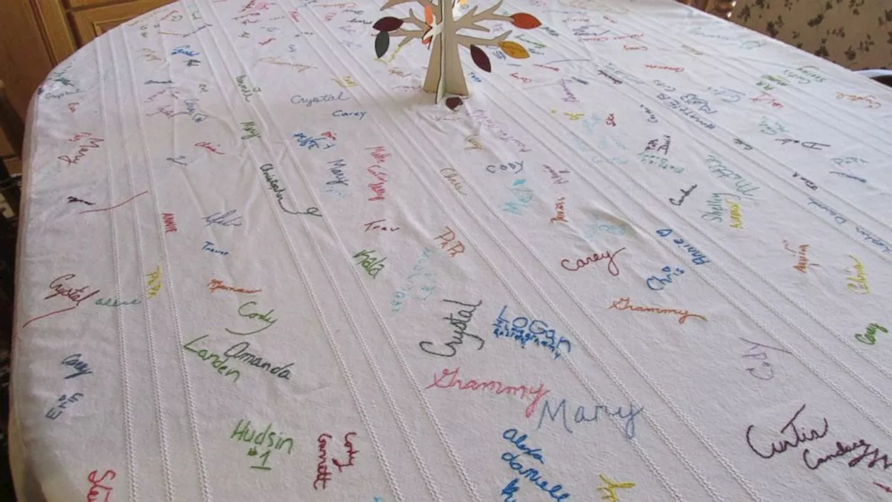 Family's Thanksgiving tablecloth has years of signatures of family, friends