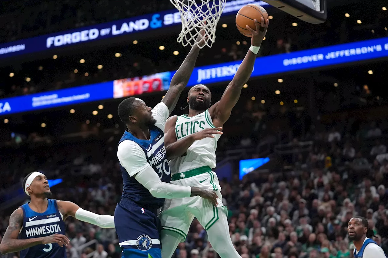 Brown catches fire as Celtics eke past T-Wolves with late defensive stand