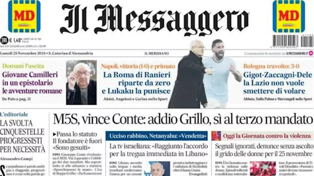 Il Messaggero apre sulle romane: 'La Lazio continua a volare, Roma punita da Lukaku'