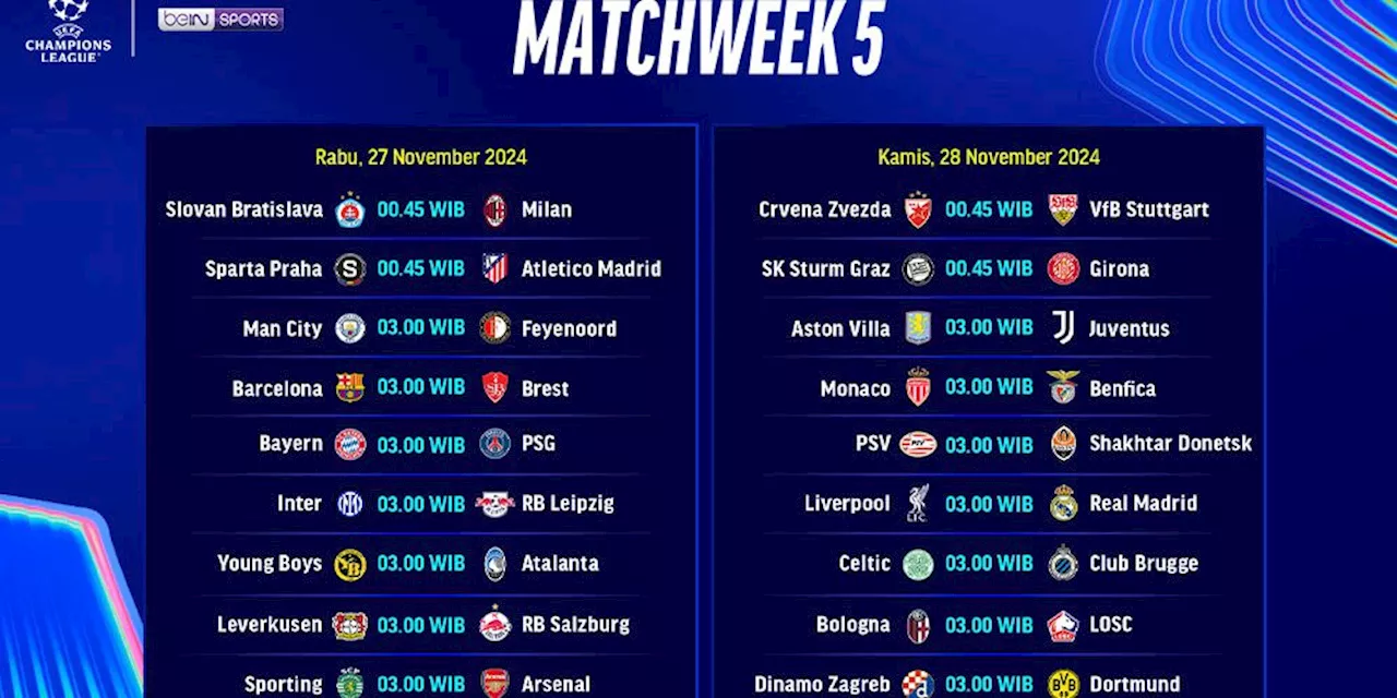 Jadwal Live Streaming Liga Champions 2024/25 Matchweek 5 di Vidio Pekan Ini