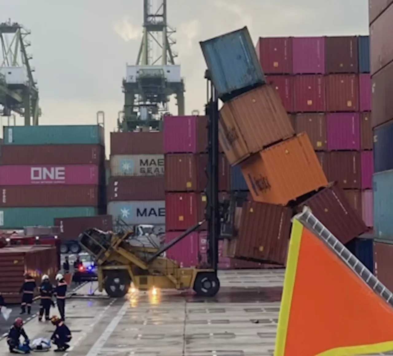 Malaysian forklift operator injured in container collapse at Singapore’s Pasir Panjang Terminal (VIDEO)