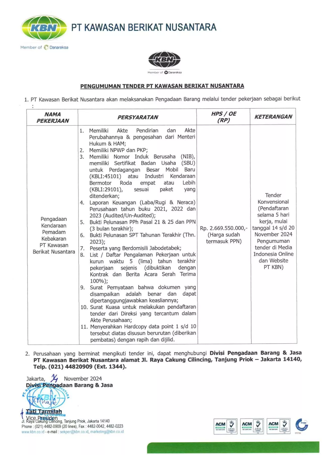 Pengumuman Tender Pengadaan Kendaraan Pemadam Kebakaran PT Kawasan Berikat Nusantara