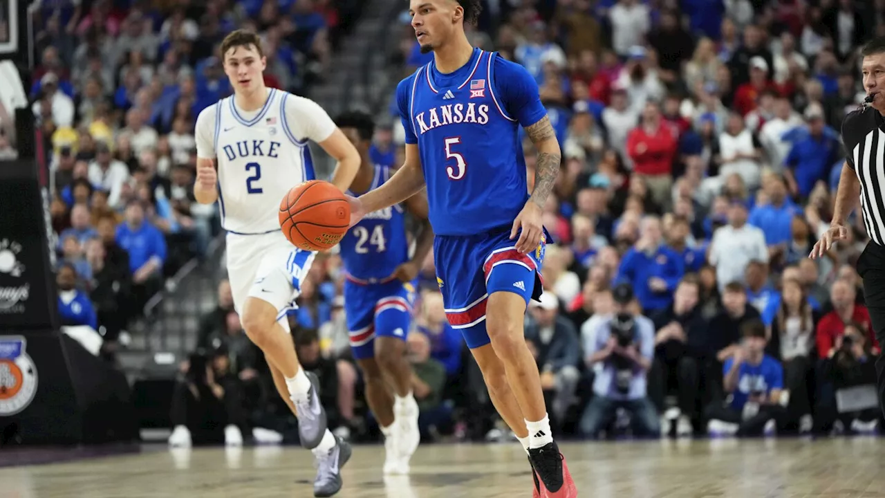 No. 1 Kansas holds off No. 11 Duke 75-72 after Dickinson ejected in the Vegas Showdown