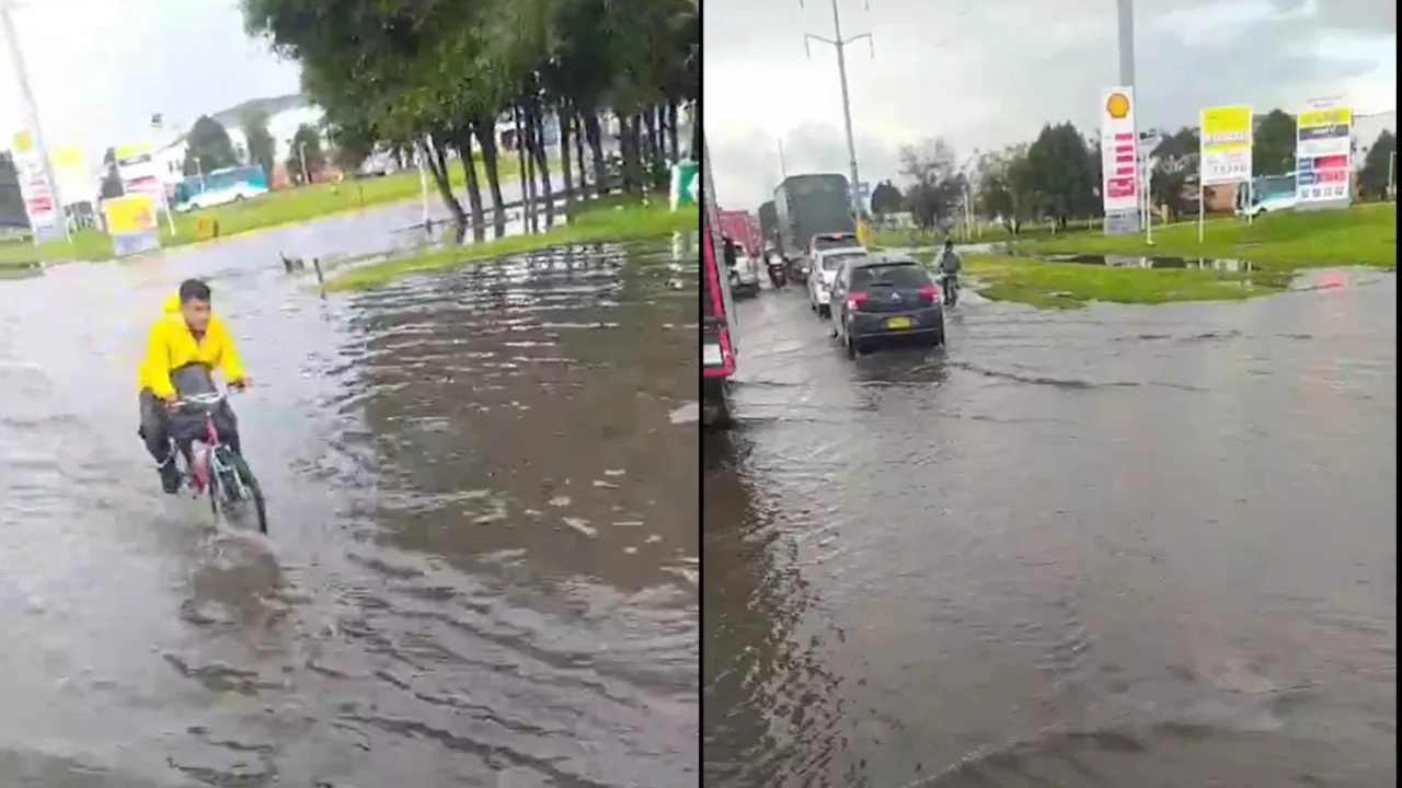 Inundación en la salida de la calle 80 por lluvias en Bogotá genera trancón