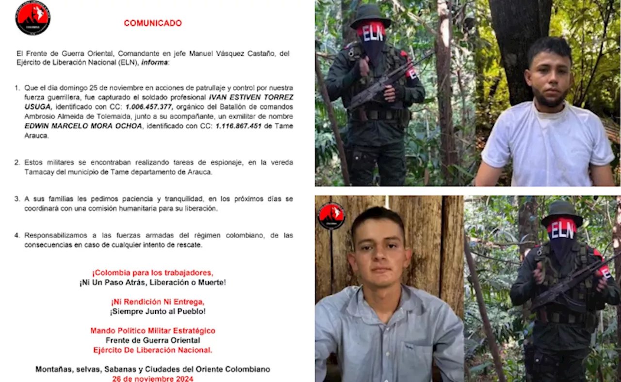 Eln confirmó el secuestro de un soldado y un exmilitar en Tame, Arauca