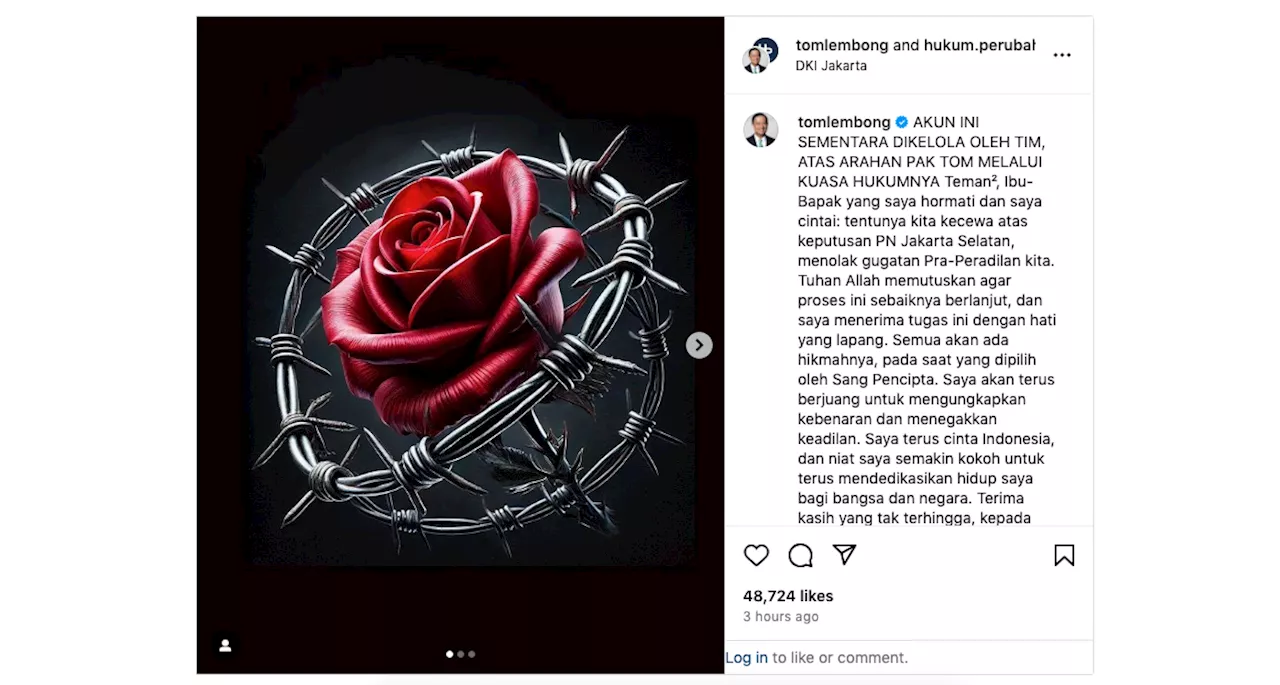 Tom Lembong Kecewa Permohonan Praperadilannya Ditolak