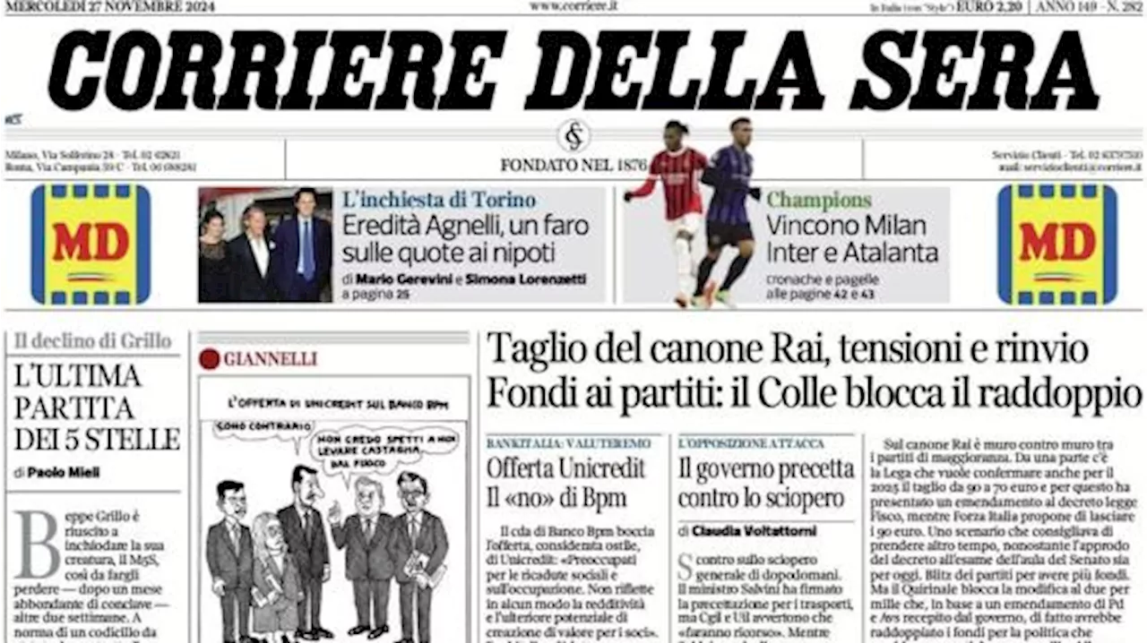 Corriere della Sera sulle italiane in Champions: 'Vincono Inter, Milan e Atalanta'