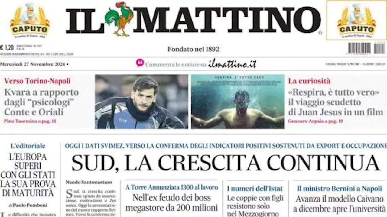 Il Mattino in prima pagina sul Napoli: 'Kvara a rapporto dagli psicologi Conte e Oriali'