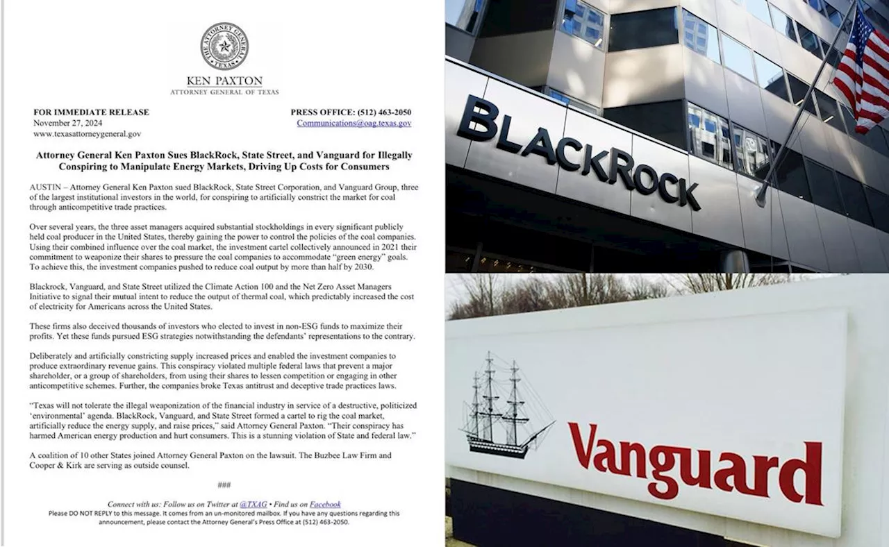 Republicanos de EU demandan a BlackRock, Vanguard y State Street; acusan que violan leyes antimonopolio a través de agenda climática