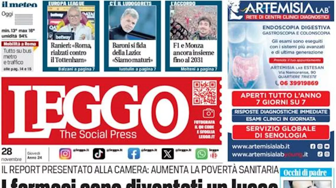 La prima pagina di Leggo stamattina: 'Ranieri: Roma, rialzati contro il Tottenham'