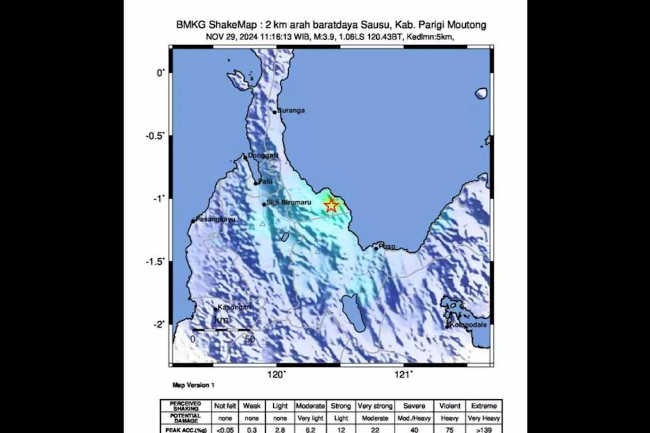 Gempa Magnitudo 3,9 Terjadi di Kabupaten Parigi Moutong, Sulawesi Tengah