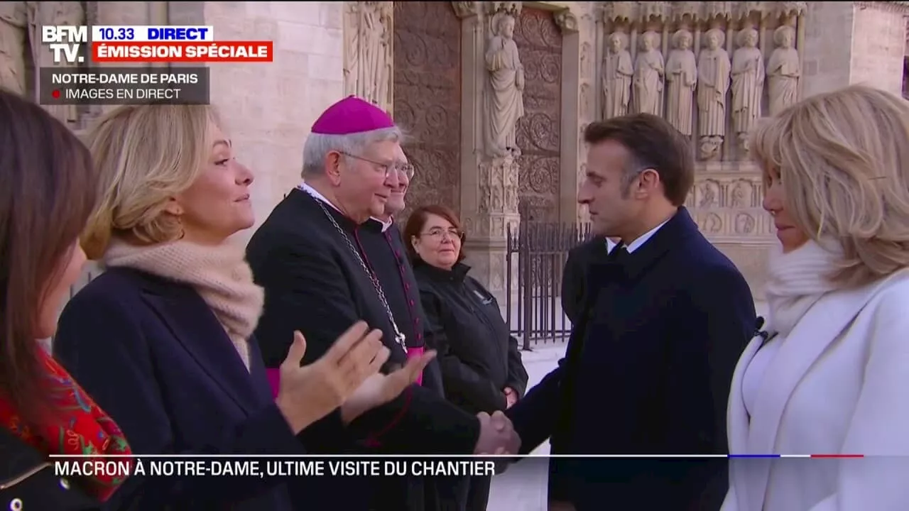 Notre-Dame: Emmanuel et Brigitte Macron arrivent sur le parvis de la cathédrale