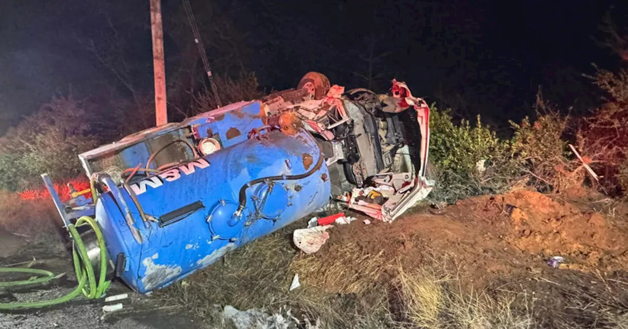 2 injured, diesel fuel spilled after septic tanker truck overturns near Calistoga