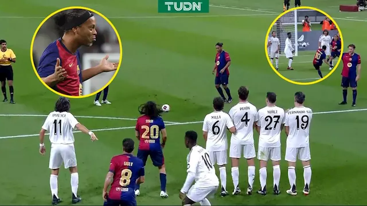 Ronaldinho anota golazo de tiro libre en Clásico de Leyendas Real Madrid vs. Barcelona en Catar