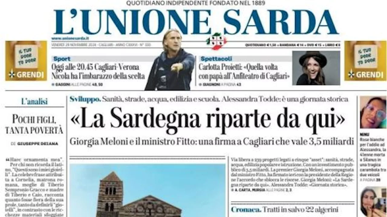 L'Unione Sarda: 'Alle 20.45 Cagliari-Verona: Nicola ha l'imbarazzo della scelta'