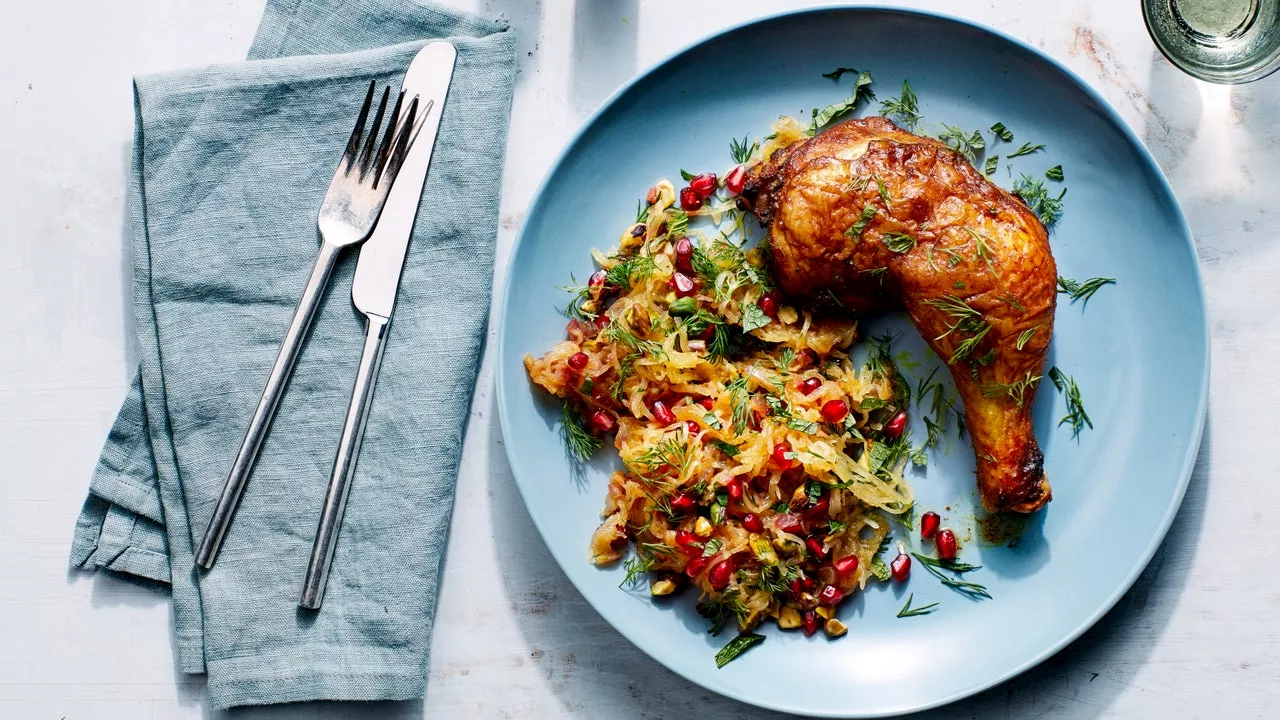 Spiced Chicken with Spaghetti Squash, Pomegranate, and Pistachios