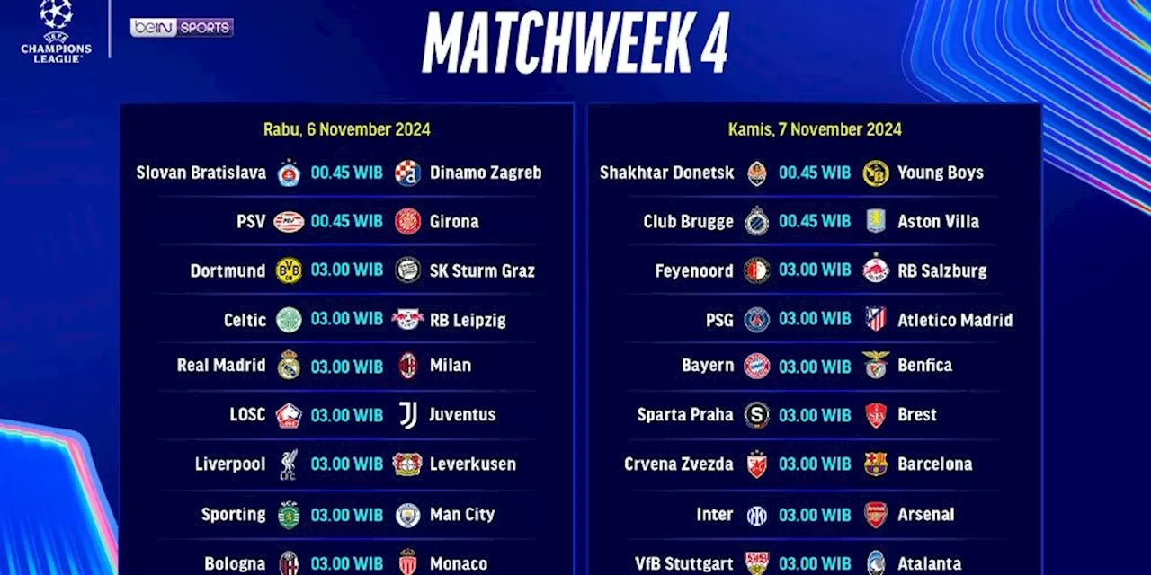 Jadwal dan Link Siaran Langsung Liga Champion 2024/25 Matchweek 4 di Vidio Pekan Ini