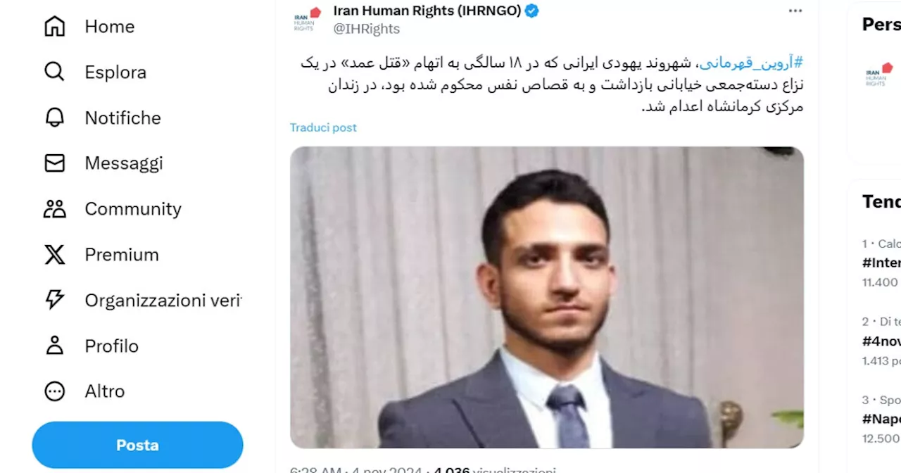 Iran Human Rights: “Teheran ha messo a morte cittadino ebreo accusato di omicidio”