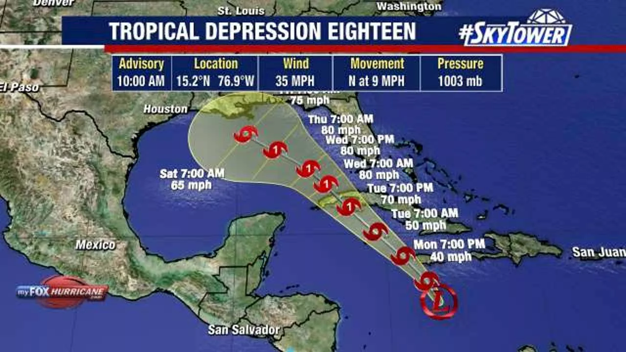 Tropical Depression 18 forms, expected to become Rafael before moving into Gulf of Mexico