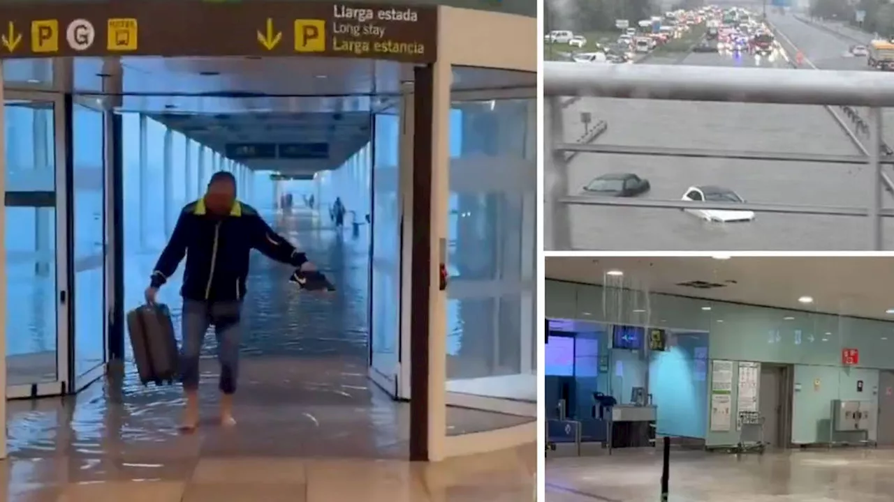 Barcelona issued with 'extreme danger' flood warning - as fresh rain leaves airport submerged and flights...