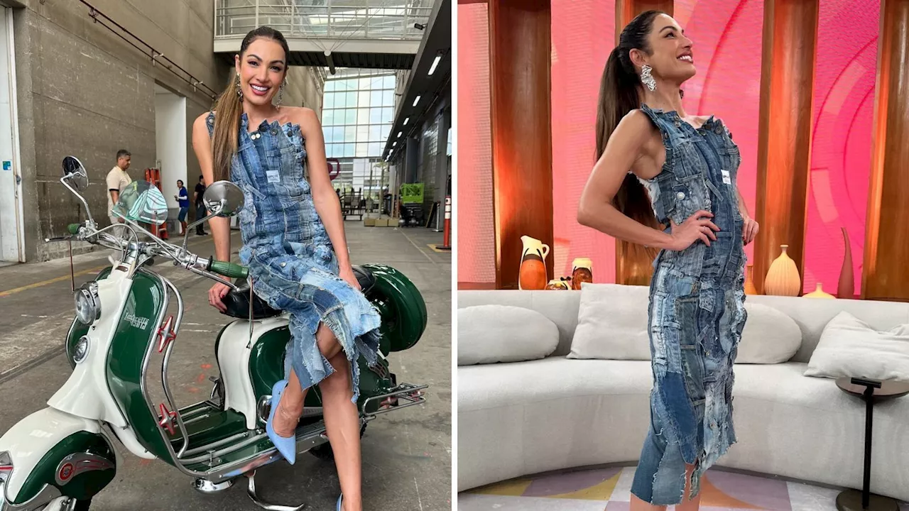 Patrícia Poeta usa vestido reciclado feito com cós de calça jeans