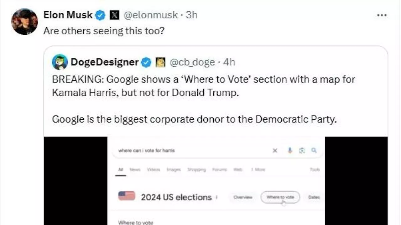 Elon Musk contro Google, l'accusa su X: «Mostra i seggi solo a chi cerca 'dove votare Harris'». Ma è il nome di una contea