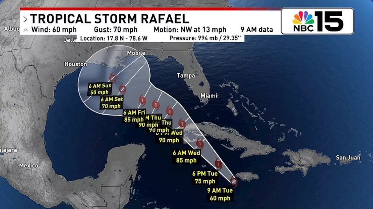 Tropical Storm Rafael forecast to become a hurricane Wednesday then weaken in the Gulf