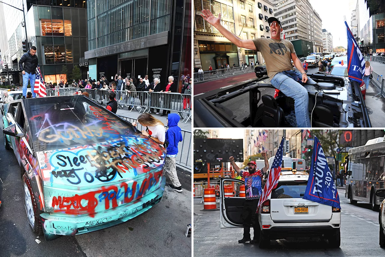 Trump supporters get rowdy outside Trump Tower in Midtown, dance on Tesla Cybertruck during Election Day