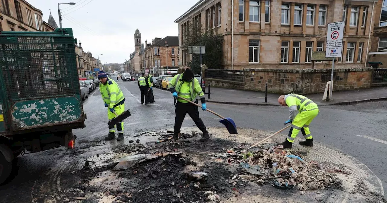 Shocking aftermath of Bonfire Night carnage after thugs lit giant bonfire on Glasgow street