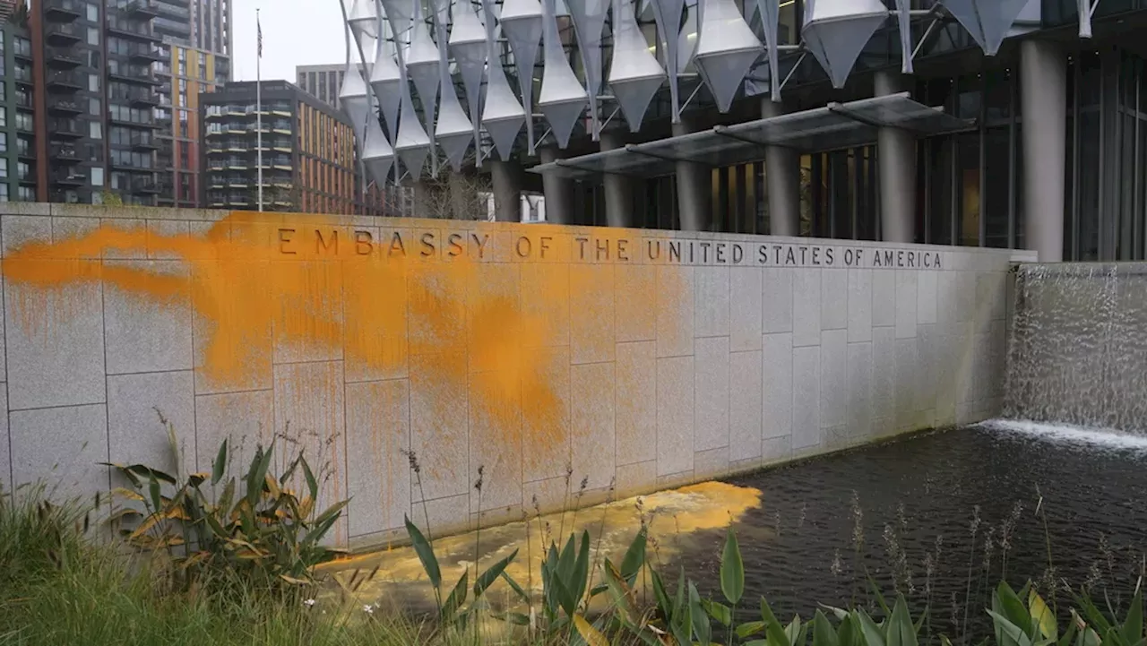 Climate protesters spray paint London’s US Embassy, saying election ‘bought by big oil’