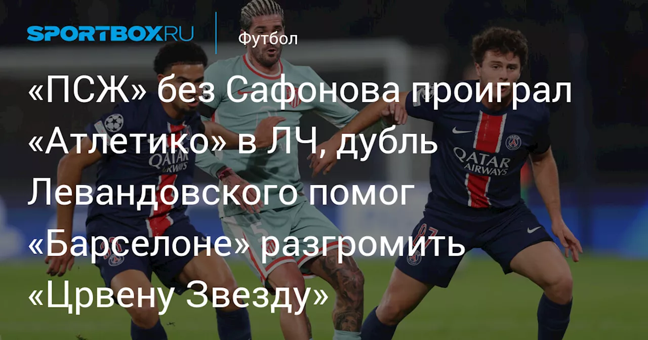 «ПСЖ» без Сафонова проиграл «Атлетико» в ЛЧ, дубль Левандовского помог «Барселоне» разгромить «Црвену Звезду»