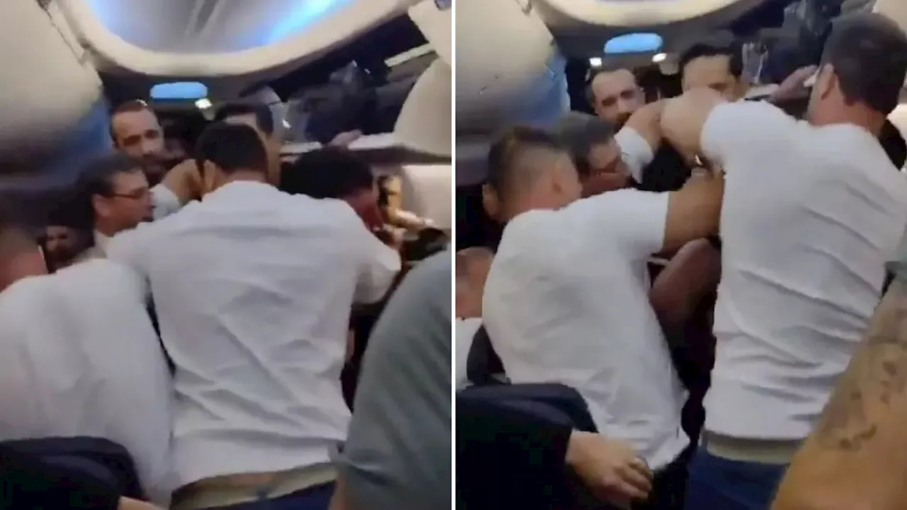 Watch moment passenger from hell is pinned down after trying to open PLANE DOOR mid-flight...